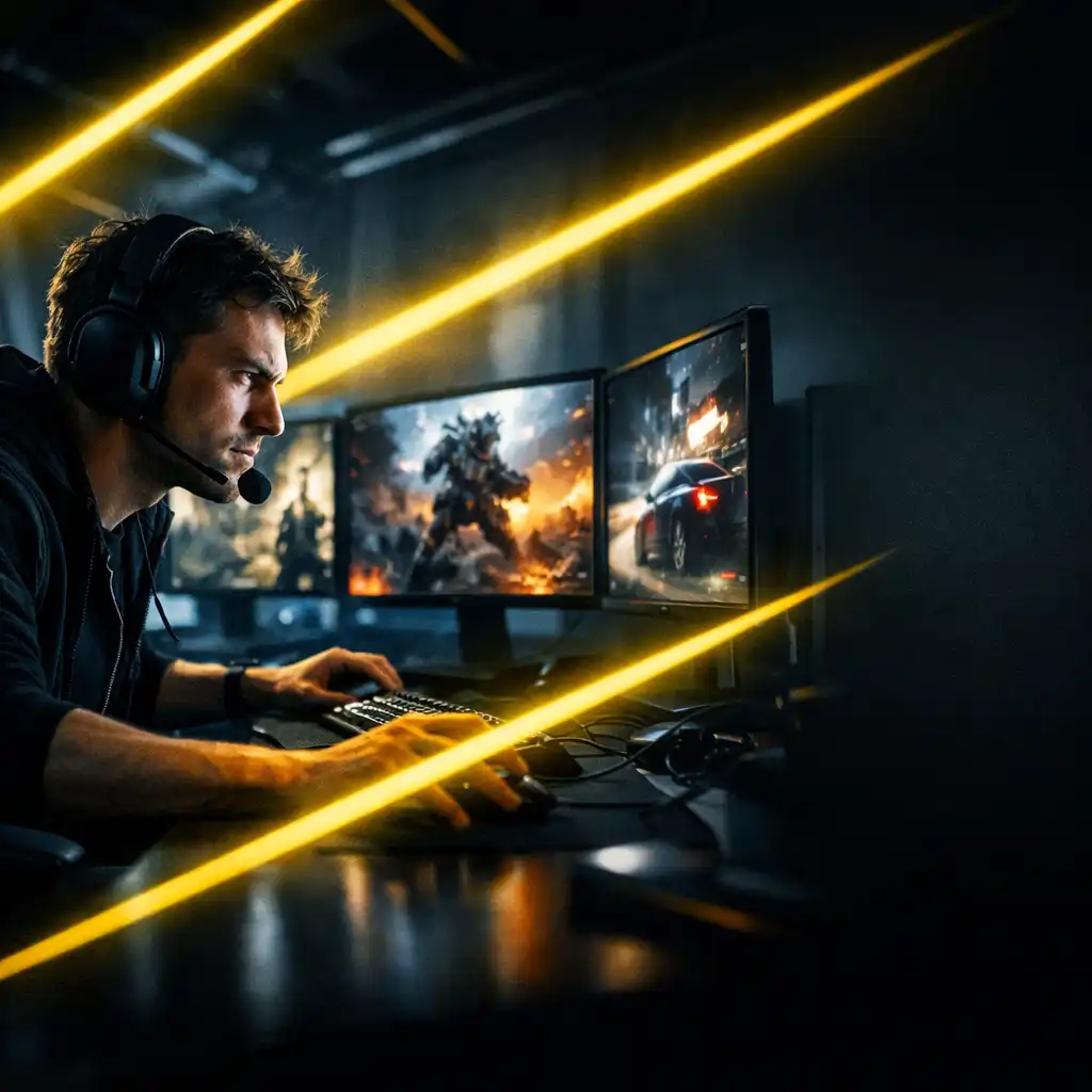 Gracz w neonowym pokoju z wieloma monitorami